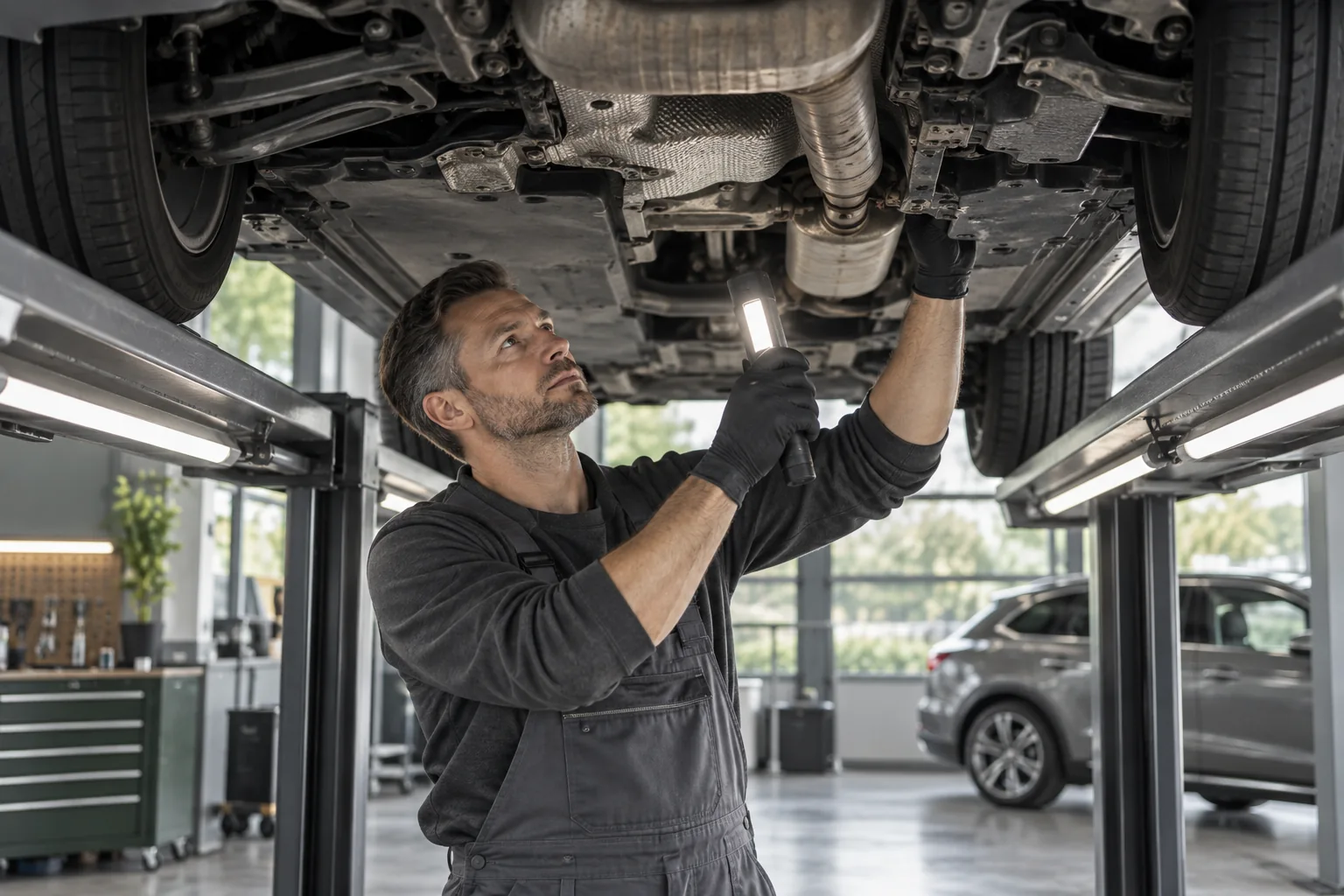 Fahrzeugkontrolle auf der Hebebühne
